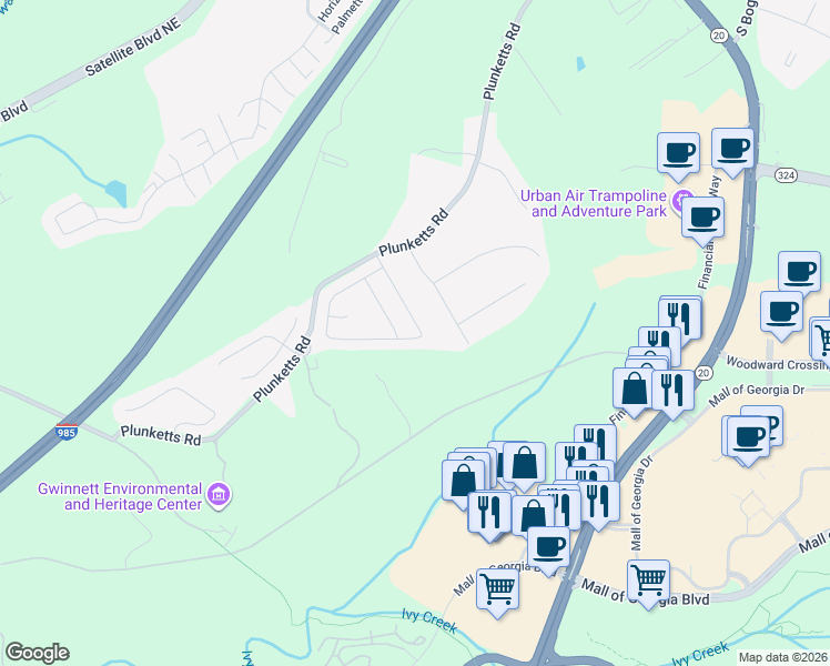 map of restaurants, bars, coffee shops, grocery stores, and more near 3208 Woodward Down Trail in Buford