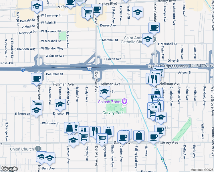 map of restaurants, bars, coffee shops, grocery stores, and more near 3356 Brighton Street in Rosemead