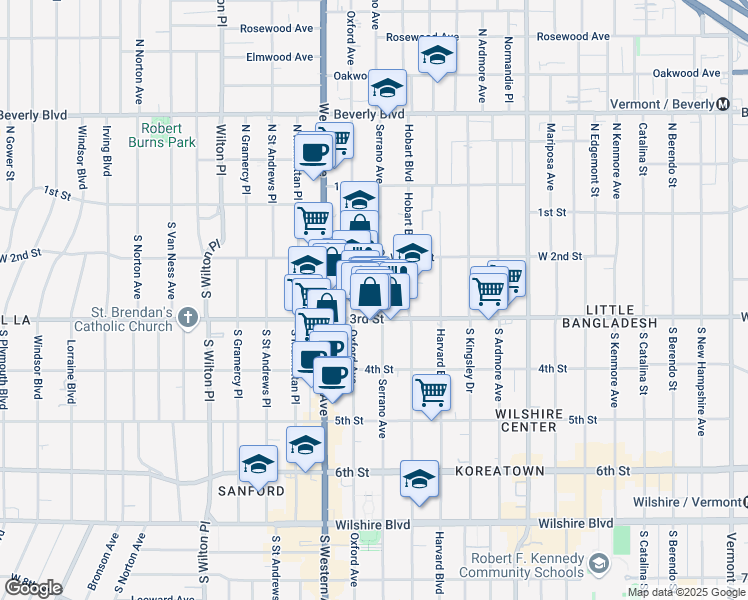 map of restaurants, bars, coffee shops, grocery stores, and more near 245 South Serrano Avenue in Los Angeles