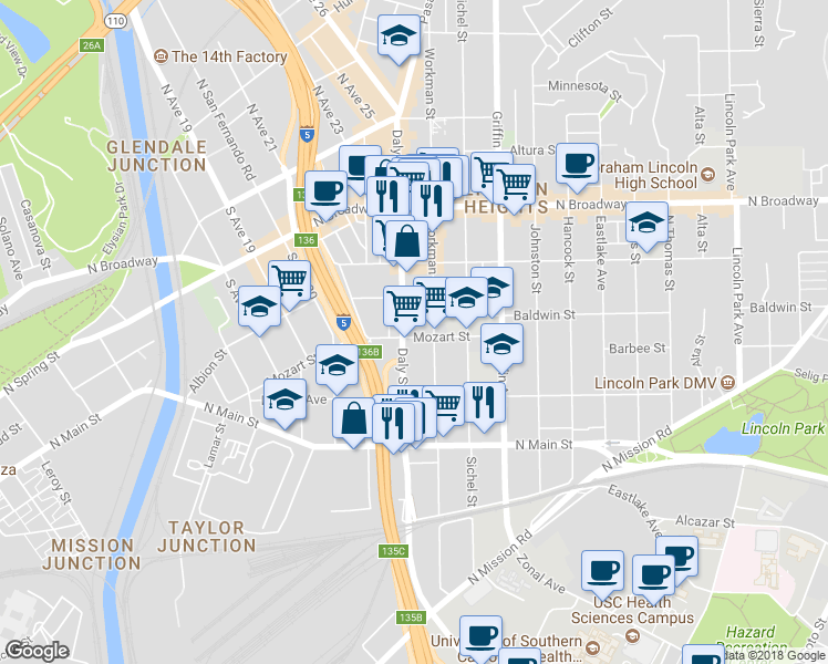 map of restaurants, bars, coffee shops, grocery stores, and more near 2611 Mozart Street in Los Angeles