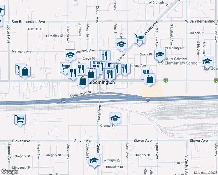 map of restaurants, bars, coffee shops, grocery stores, and more near 10143 Church Street in Bloomington