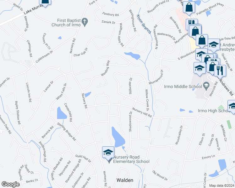 map of restaurants, bars, coffee shops, grocery stores, and more near 1509 Willow Creek Lane in Columbia