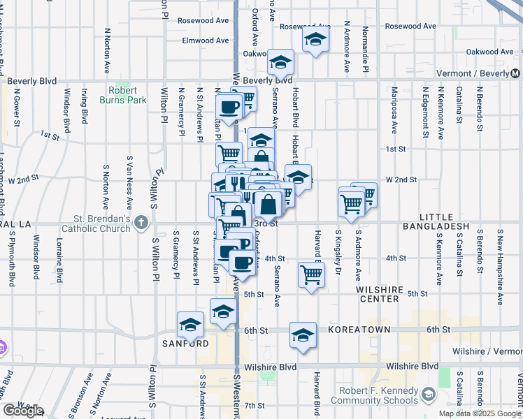 map of restaurants, bars, coffee shops, grocery stores, and more near 256 South Oxford Avenue in Los Angeles