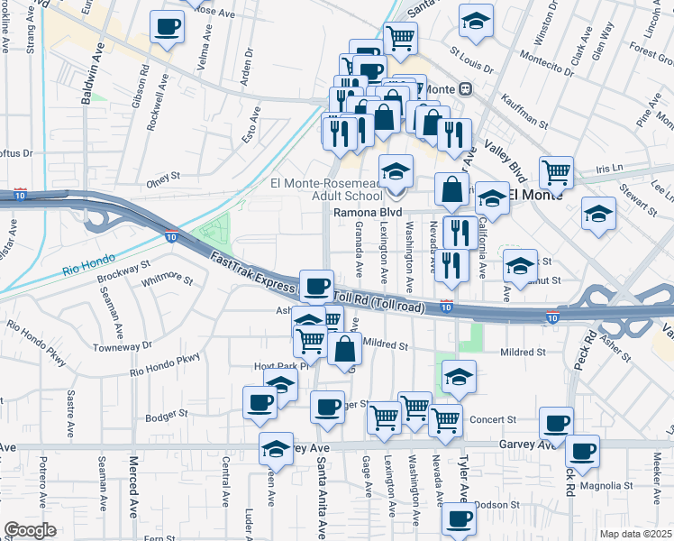 map of restaurants, bars, coffee shops, grocery stores, and more near 3337 Granada Avenue in El Monte
