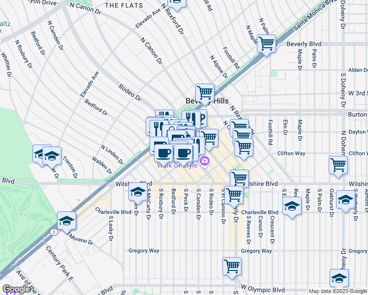 map of restaurants, bars, coffee shops, grocery stores, and more near 405 North Rodeo Drive in Beverly Hills