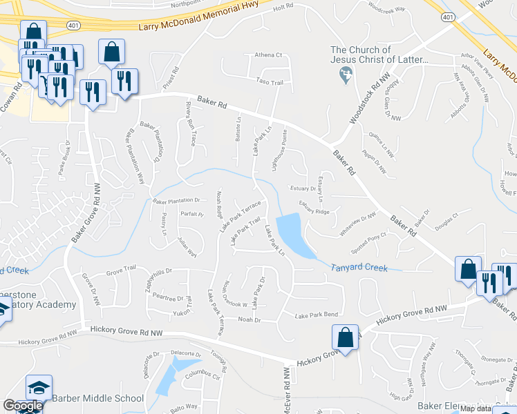 map of restaurants, bars, coffee shops, grocery stores, and more near 4858 Lake Park Terrace in Acworth