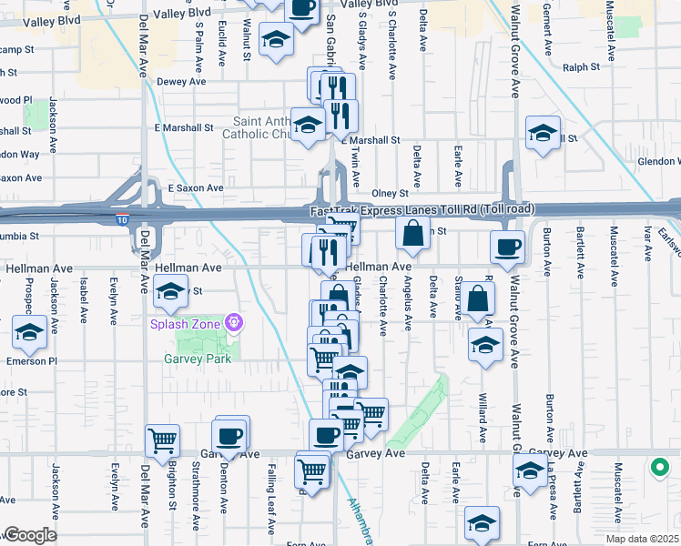 map of restaurants, bars, coffee shops, grocery stores, and more near 8208 Hellman Avenue in Rosemead