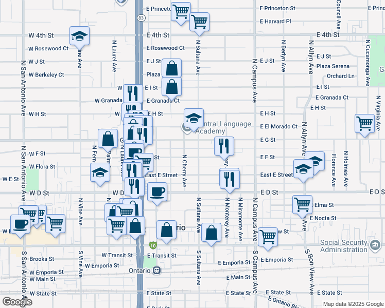 map of restaurants, bars, coffee shops, grocery stores, and more near 421 East F Street in Ontario