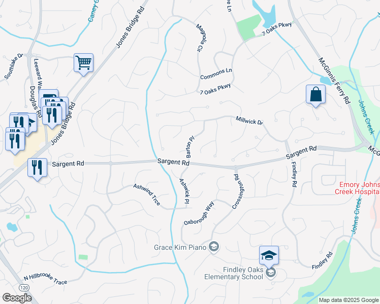 map of restaurants, bars, coffee shops, grocery stores, and more near 205 Barton Place in Alpharetta