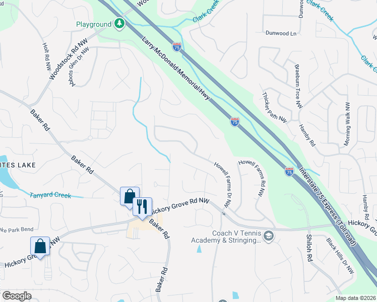 map of restaurants, bars, coffee shops, grocery stores, and more near 4639 Howell Farms Drive Northwest in Acworth