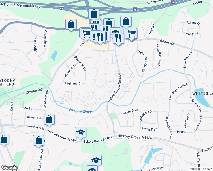 map of restaurants, bars, coffee shops, grocery stores, and more near 849 Windcroft Circle Northwest in Acworth