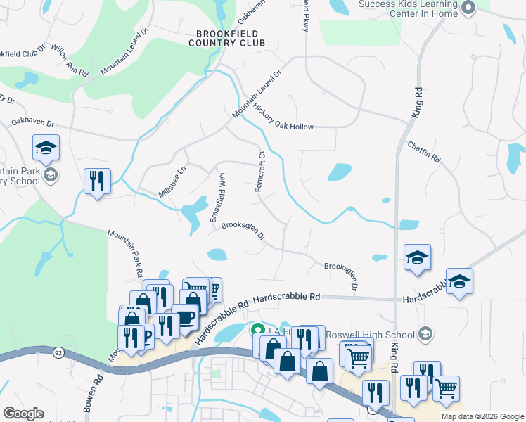 map of restaurants, bars, coffee shops, grocery stores, and more near 790 Ferncroft Court in Roswell
