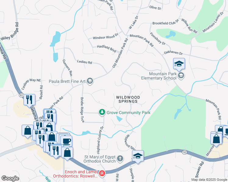 map of restaurants, bars, coffee shops, grocery stores, and more near 1855 Azalea Springs Trail in Roswell