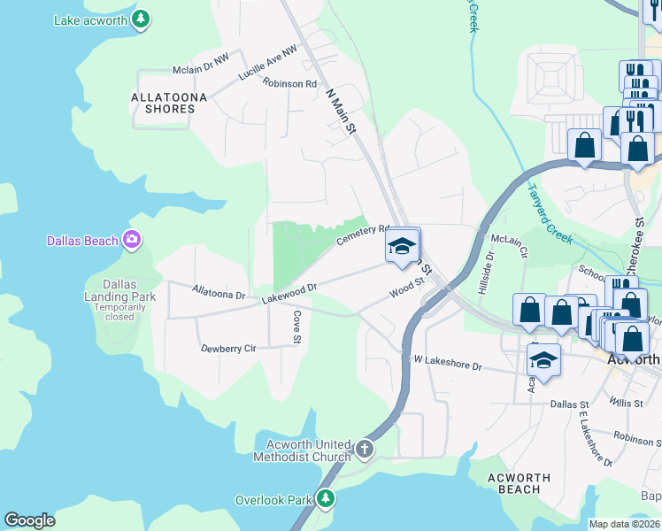 map of restaurants, bars, coffee shops, grocery stores, and more near 4852 Lakewood Drive in Acworth