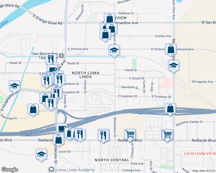 map of restaurants, bars, coffee shops, grocery stores, and more near 1549 East Davidson Street in San Bernardino