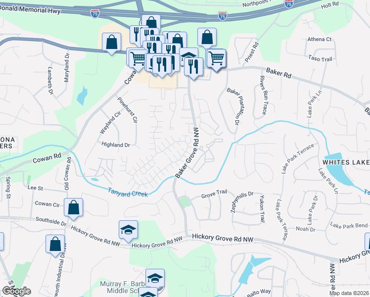 map of restaurants, bars, coffee shops, grocery stores, and more near 109 Windcroft Circle Northwest in Acworth