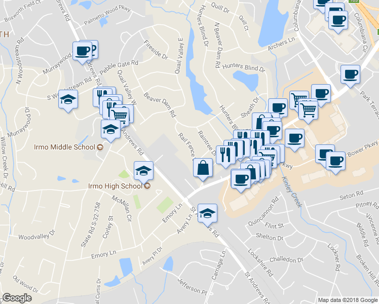 map of restaurants, bars, coffee shops, grocery stores, and more near 1361 Rail Fence Drive in Columbia