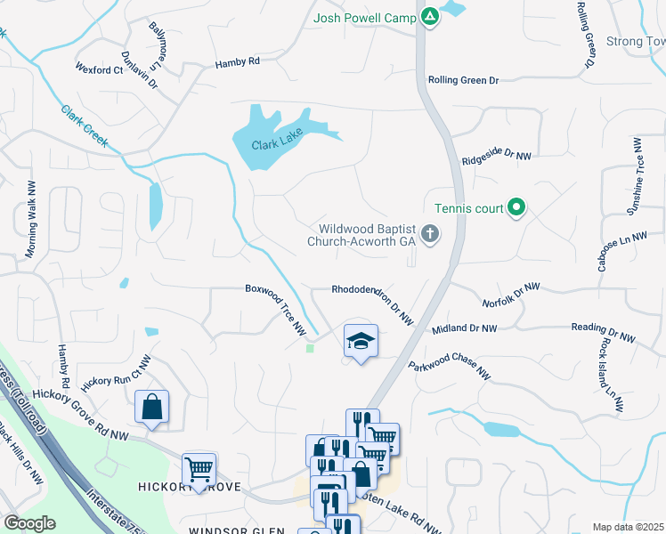 map of restaurants, bars, coffee shops, grocery stores, and more near 4520 Barbara Lane Northwest in Acworth