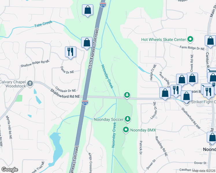 map of restaurants, bars, coffee shops, grocery stores, and more near 4840 Way Bridge Drive Northeast in Kennesaw