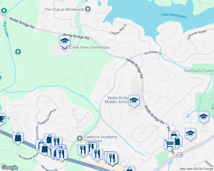 map of restaurants, bars, coffee shops, grocery stores, and more near 3500 Goldenrod Drive in Alpharetta