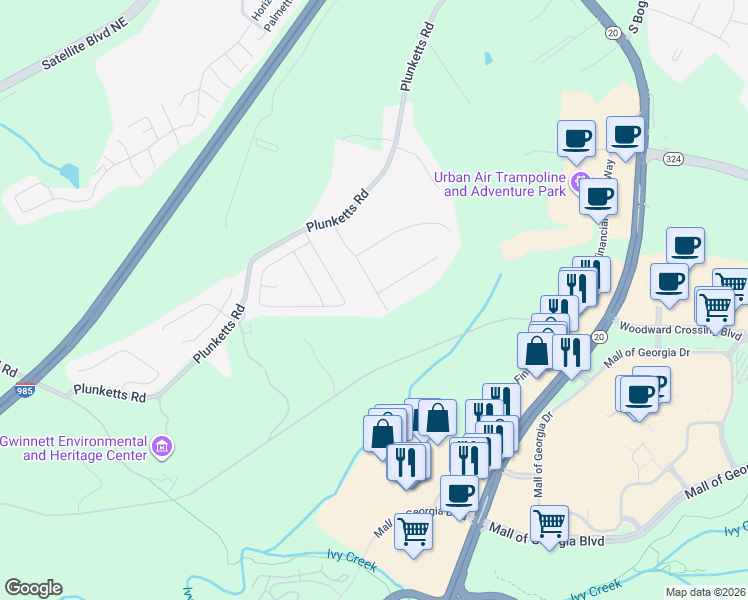 map of restaurants, bars, coffee shops, grocery stores, and more near 3500 Montana Road in Buford