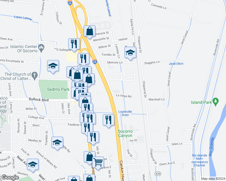 map of restaurants, bars, coffee shops, grocery stores, and more near 404 Eastwood Loop in Socorro