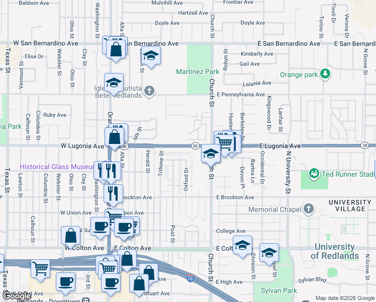 map of restaurants, bars, coffee shops, grocery stores, and more near 610 East Lugonia Avenue in Redlands