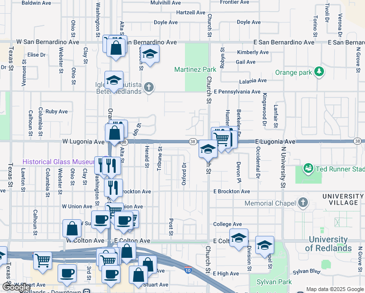 map of restaurants, bars, coffee shops, grocery stores, and more near 610 East Lugonia Avenue in Redlands