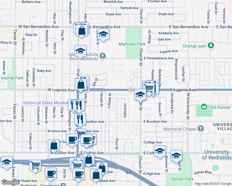 map of restaurants, bars, coffee shops, grocery stores, and more near 501 Courier Avenue in Redlands