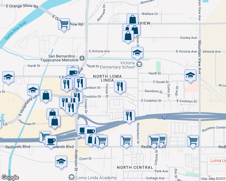 map of restaurants, bars, coffee shops, grocery stores, and more near 1374 East Aurora Lane in San Bernardino