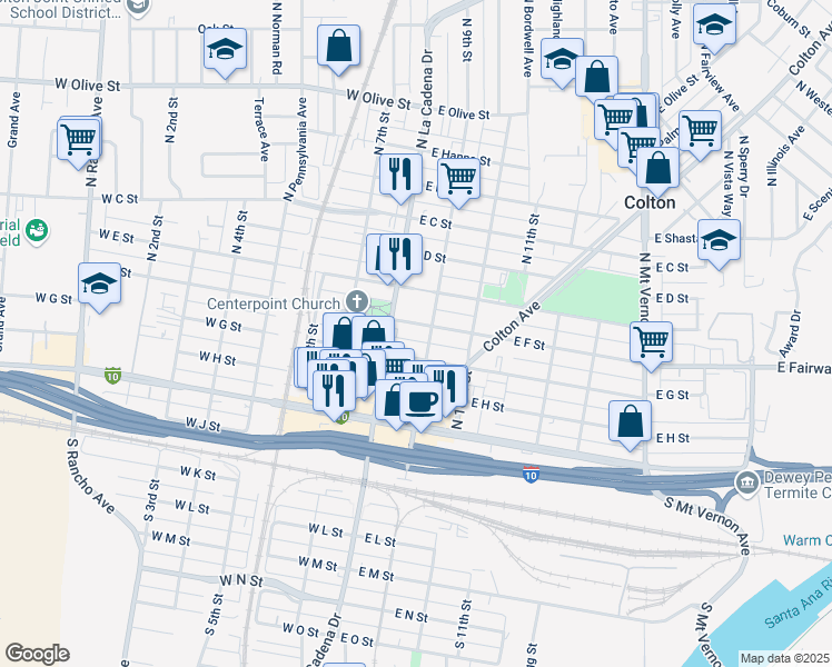 map of restaurants, bars, coffee shops, grocery stores, and more near 481 North 9th Street in Colton