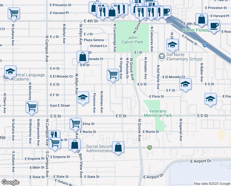 map of restaurants, bars, coffee shops, grocery stores, and more near 607 North Virginia Avenue in Ontario