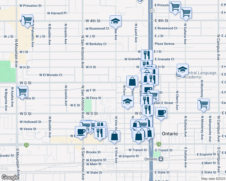 map of restaurants, bars, coffee shops, grocery stores, and more near 531 West F Street in Ontario