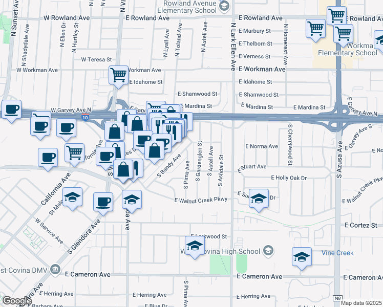 map of restaurants, bars, coffee shops, grocery stores, and more near 223 South Gardenglen Street in West Covina