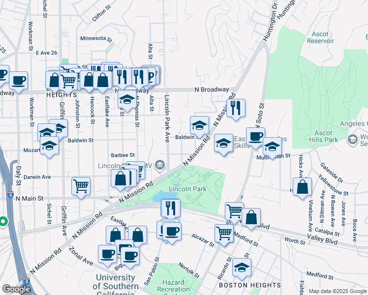 map of restaurants, bars, coffee shops, grocery stores, and more near 2107 Keith Street in Los Angeles