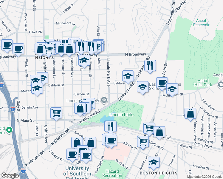 map of restaurants, bars, coffee shops, grocery stores, and more near 2107 Keith Street in Los Angeles