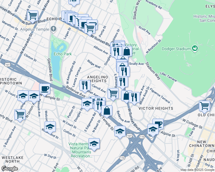 map of restaurants, bars, coffee shops, grocery stores, and more near 832 East Edgeware Road in Los Angeles