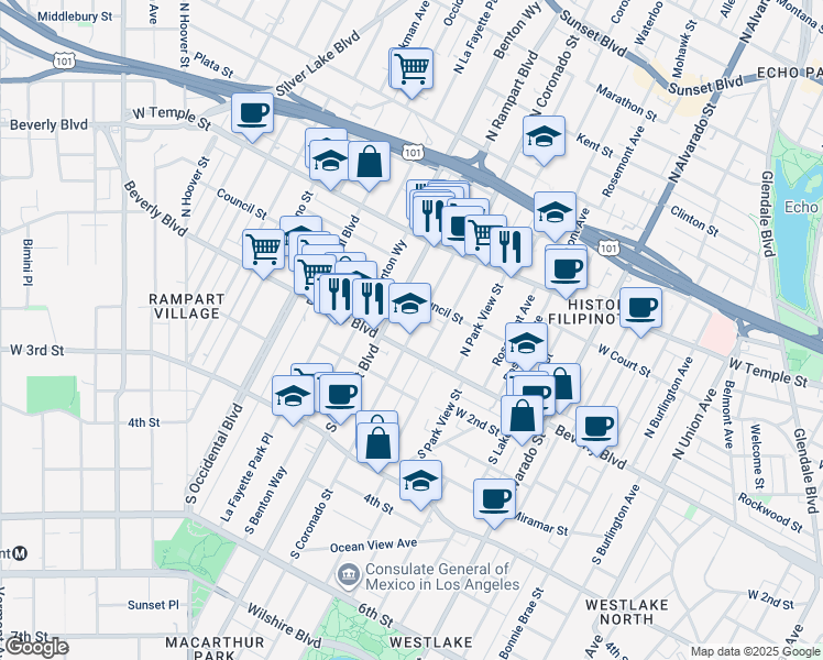 map of restaurants, bars, coffee shops, grocery stores, and more near 121 North Carondelet Street in Los Angeles