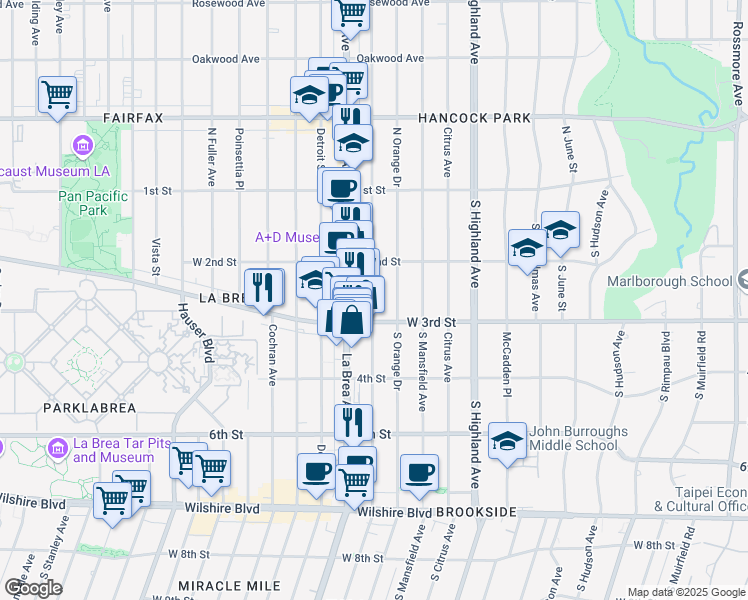 map of restaurants, bars, coffee shops, grocery stores, and more near 248 South Sycamore Avenue in Los Angeles
