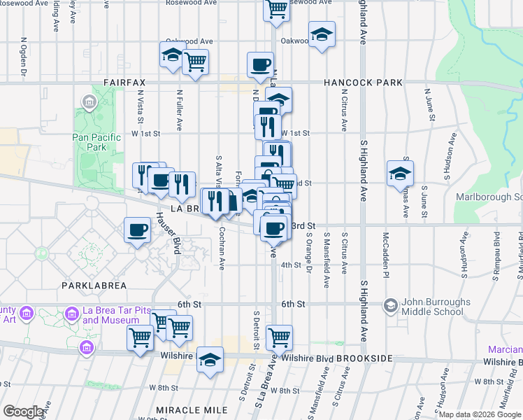 map of restaurants, bars, coffee shops, grocery stores, and more near 241 South Detroit Street in Los Angeles