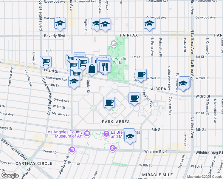 map of restaurants, bars, coffee shops, grocery stores, and more near 323 South Orange Grove Avenue in Los Angeles