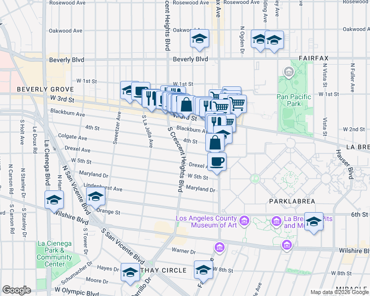map of restaurants, bars, coffee shops, grocery stores, and more near 6401 Colgate Avenue in Los Angeles