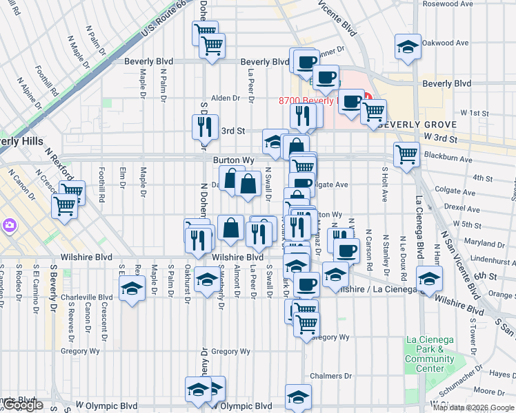 map of restaurants, bars, coffee shops, grocery stores, and more near 207 North Swall Drive in Beverly Hills