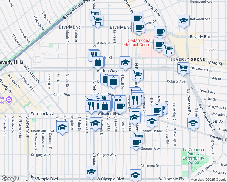 map of restaurants, bars, coffee shops, grocery stores, and more near 231 North La Peer Drive in Beverly Hills