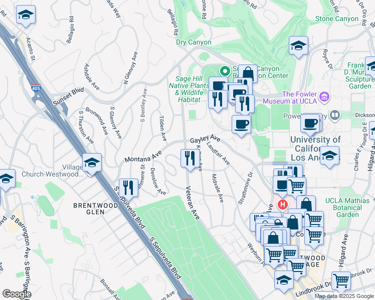 map of restaurants, bars, coffee shops, grocery stores, and more near 423 1/2 Veteran Avenue in Los Angeles