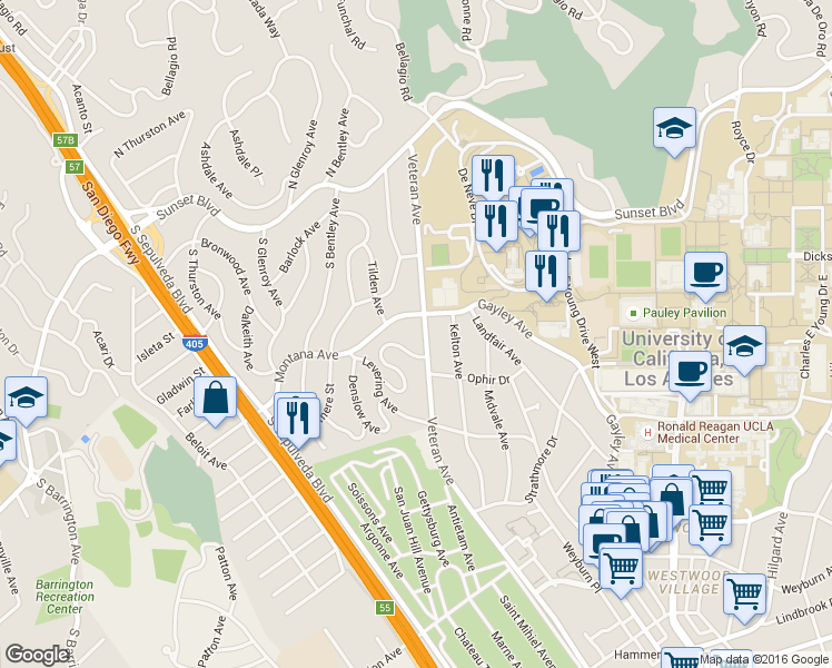 map of restaurants, bars, coffee shops, grocery stores, and more near 423 1/2 Veteran Avenue in Los Angeles