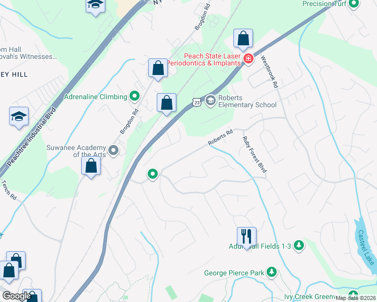 map of restaurants, bars, coffee shops, grocery stores, and more near 154 Roberts Road in Suwanee