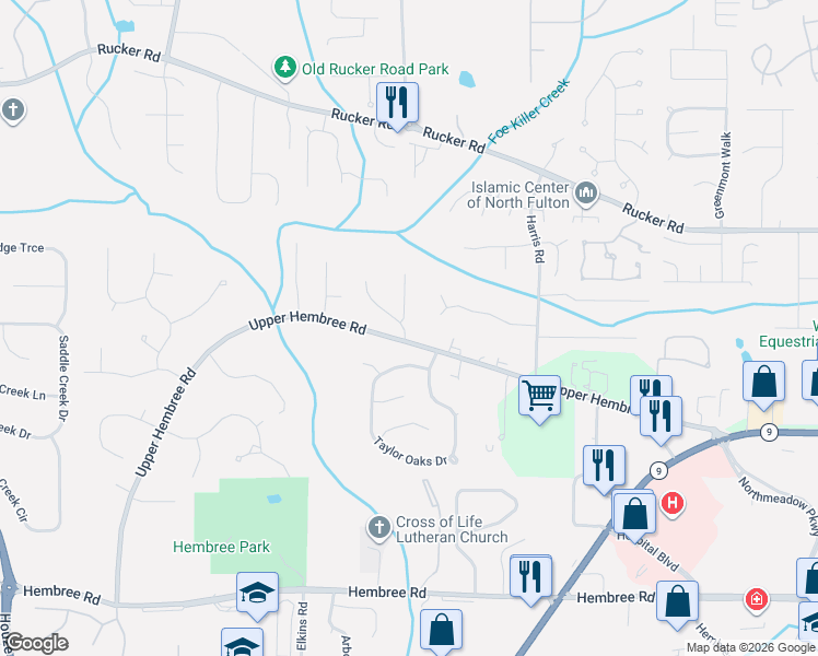 map of restaurants, bars, coffee shops, grocery stores, and more near 305 Foe Creek Drive in Roswell
