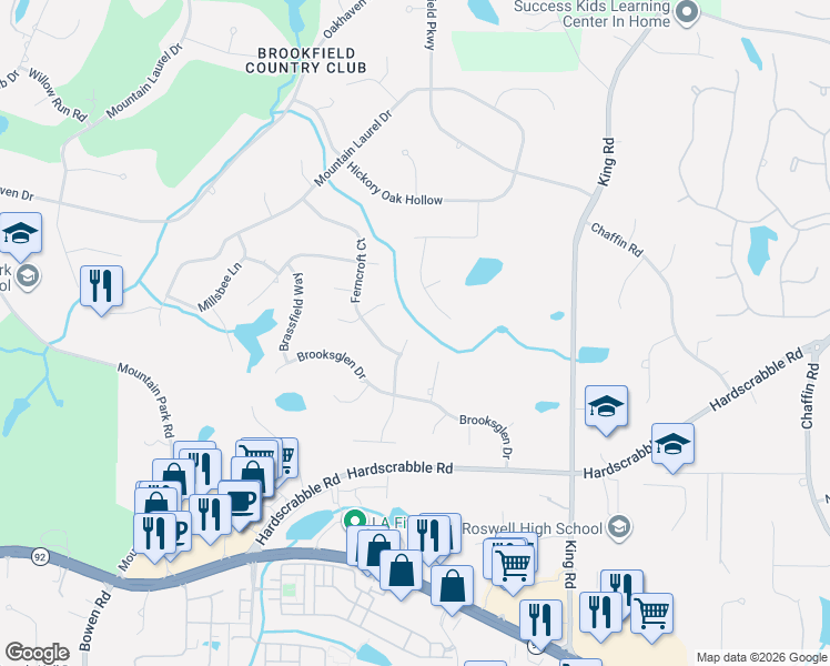 map of restaurants, bars, coffee shops, grocery stores, and more near 595 Terrace Oaks Drive in Roswell