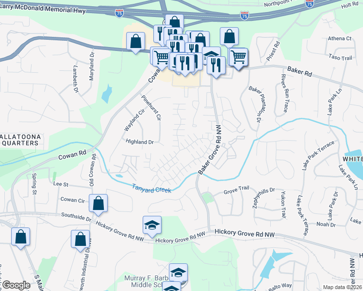 map of restaurants, bars, coffee shops, grocery stores, and more near 120 Windcroft Lane Northwest in Acworth